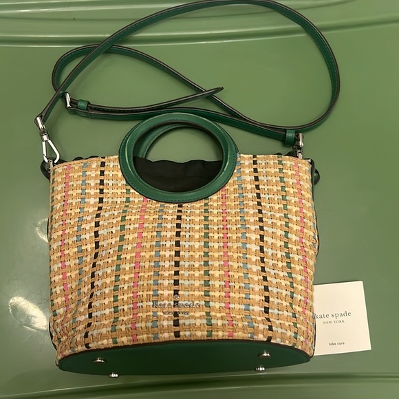 Kate Spade Jena Straw Small Tote green yellow Crossbody Drawstring Bucket Bag - Picture 3 of 12